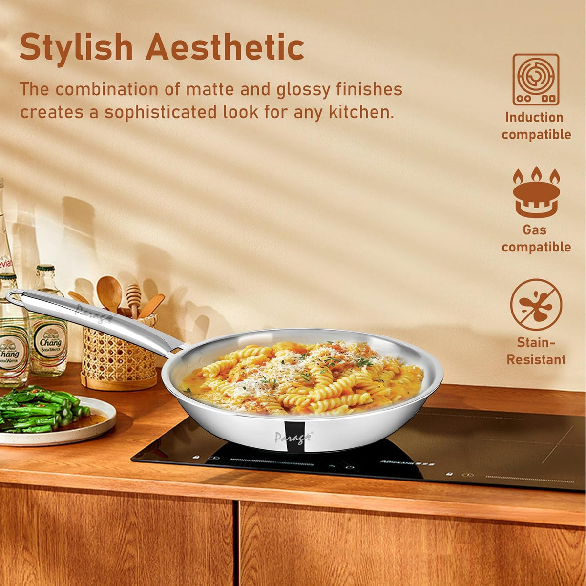 Parage Triply Stainless Steel Fry Pan 24cm | Heavy Bottom Steel Pan for Tempering, Frying | Induction & Gas Friendly | Stay-Cool Handle | Tripure Series | Scratch Resistant | 5 Years Warranty