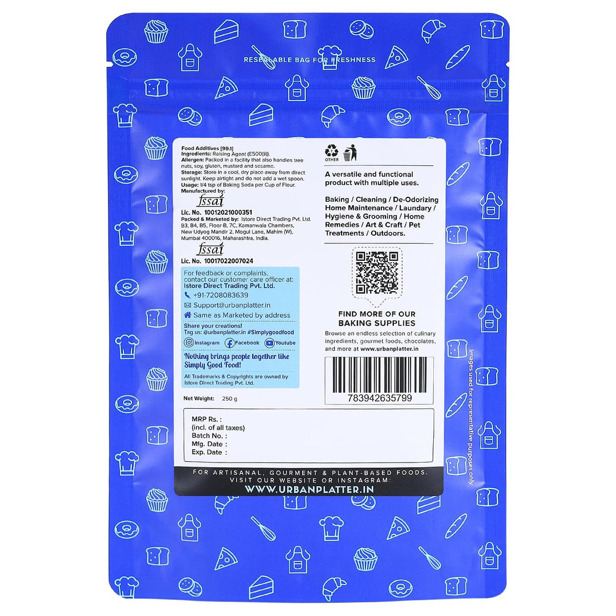 Urban Platter Baking Soda, 250g (Baking & Cooking Essential, Food-Grade Sodium Bicarbonate, Multi-Use Kitchen & Household Cleaner, Deodorizer)