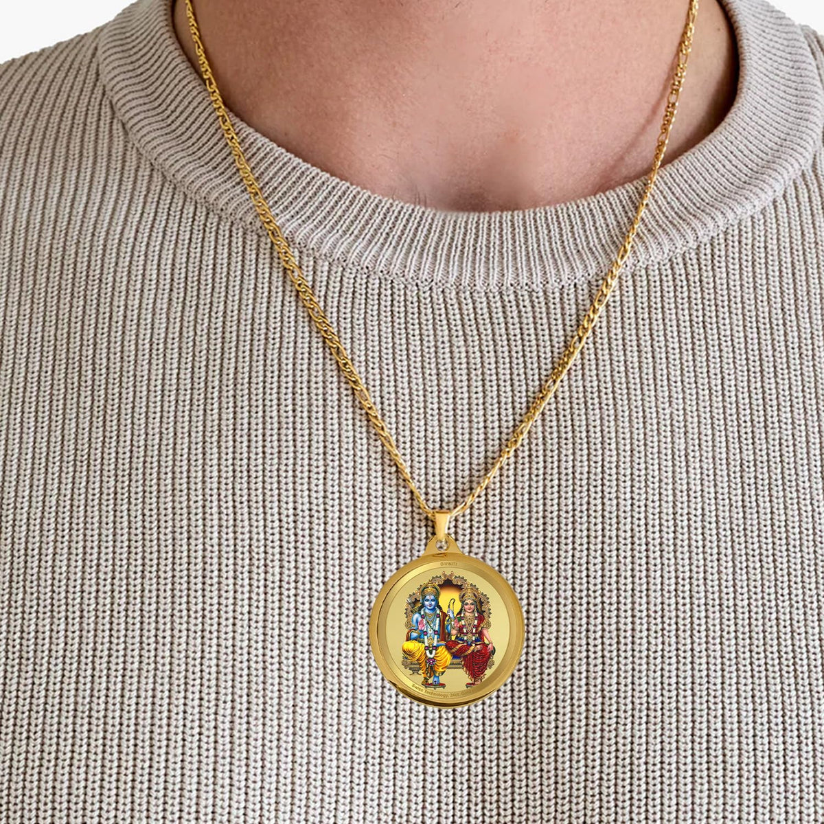 Diviniti 24K Gold Plated Ram Sita & Hanuman Ji Pendant For Men, Women & Kids 28 MM Double Sided Stylish Pendant Necklace For Girls Divine God Pendant For Birthday Gift, Anniversary Gift