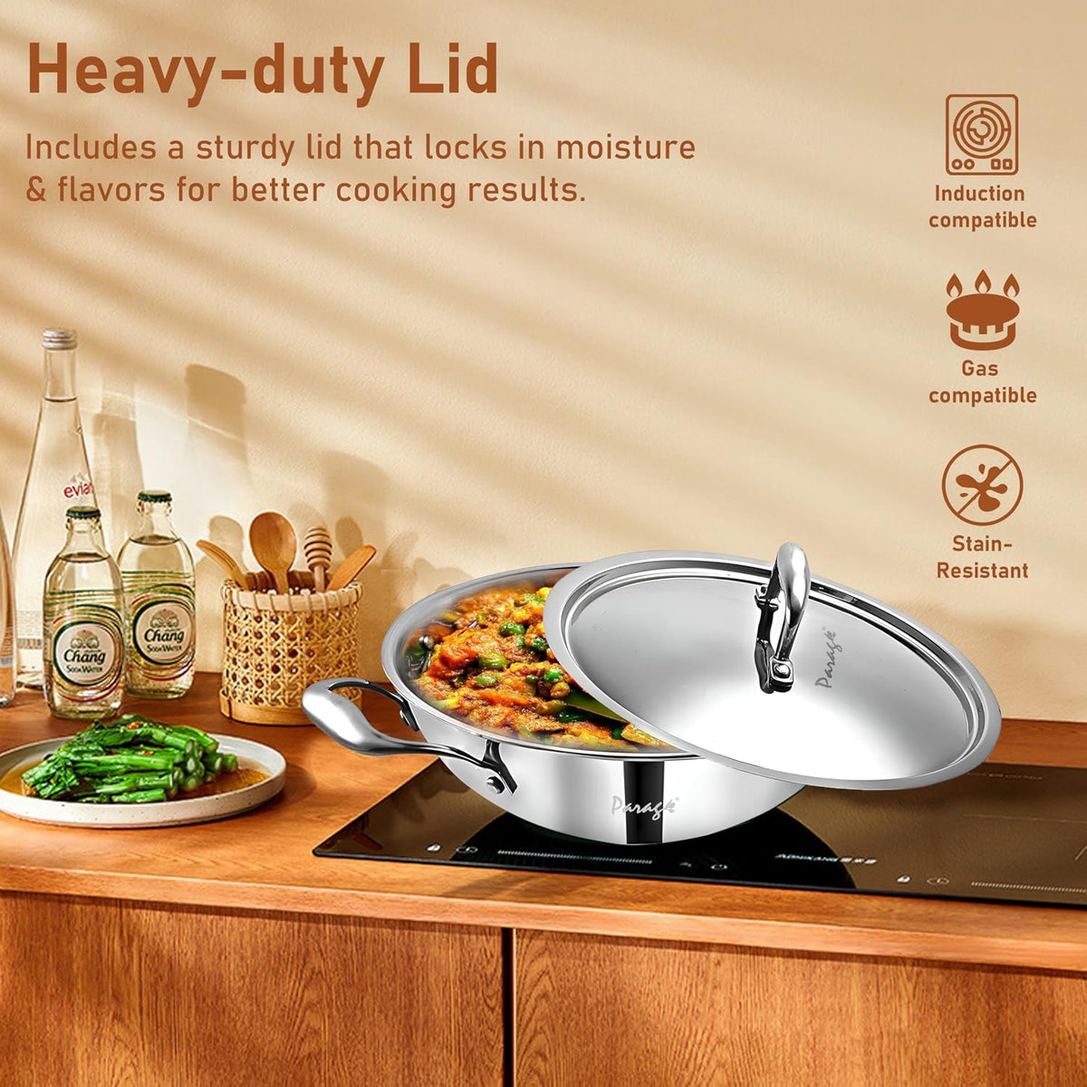 Parage Triply Stainless Steel Kadai with Lid 28 cm, 4 LTR | ISI Certified | Heavy Bottom SAS Triply Kadhai for Deep Frying & Cooking | Tripure | Induction & Gas Stove Compatible | 5 Years Warranty