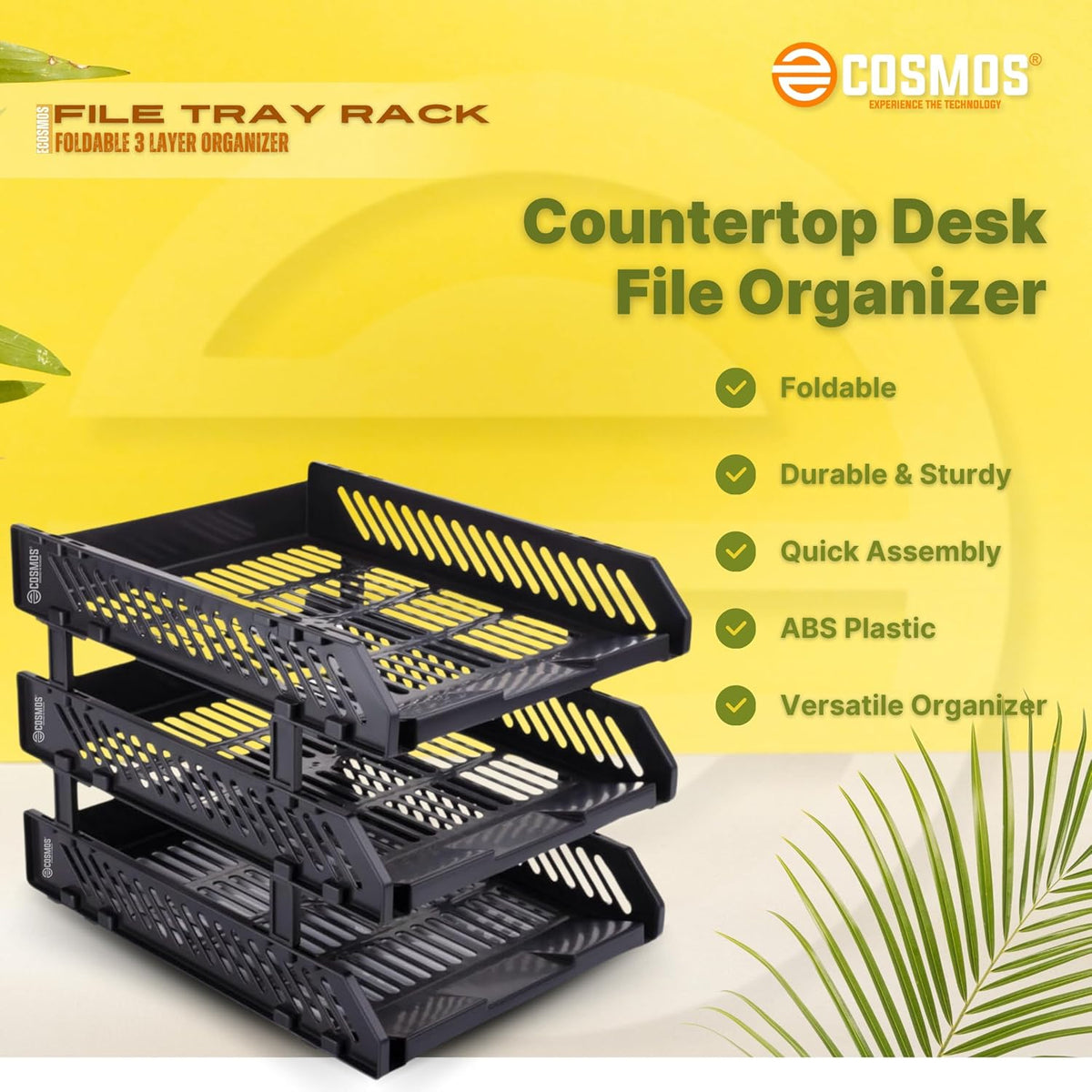 E-COSMOS® File Tray Rack ABS Plastics | Foldable Office Desk Accessories | Durable & Sturdy | Easy Assembly | Efficient Organizer | Plastic Office Stationery Files Layer Rack (3 Layer)
