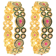 NMII Premium Gold Plated Alloy Kada Set With Multi Kundan Stone & Meenakari Peacock Design | Women & Girls Bangles | Traditional Alloy Bangles | Rajwadi, Wedding, Festival & Bridal - Pack Of 2 Kada
