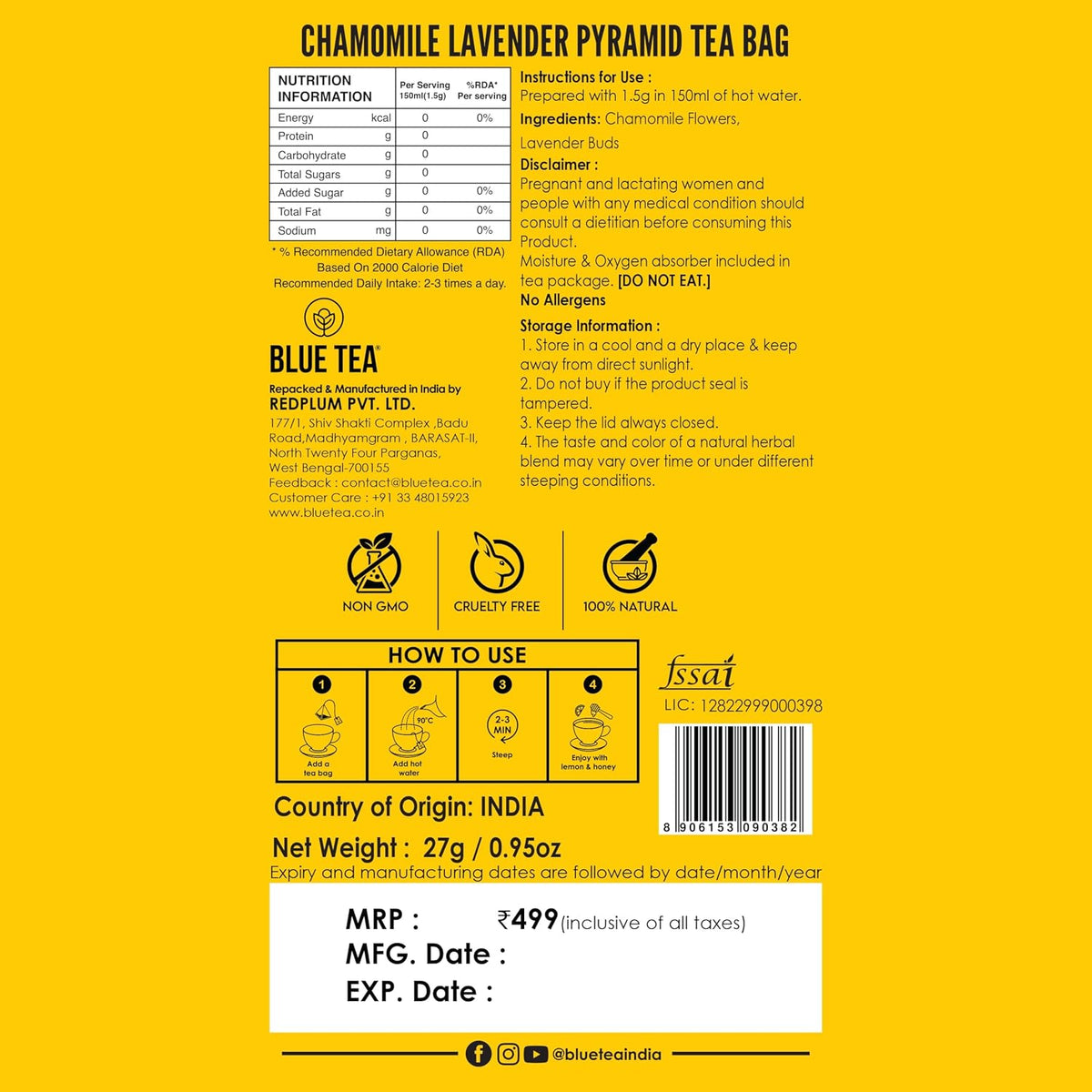 BLUE TEA - Chamomile Lavender Tea - 18 Tea Bags - Plant Based | SLEEP TEA | Herbal Tea - Caffeine Free - Flower Based - Non-Bitter | Premium Tin Pack