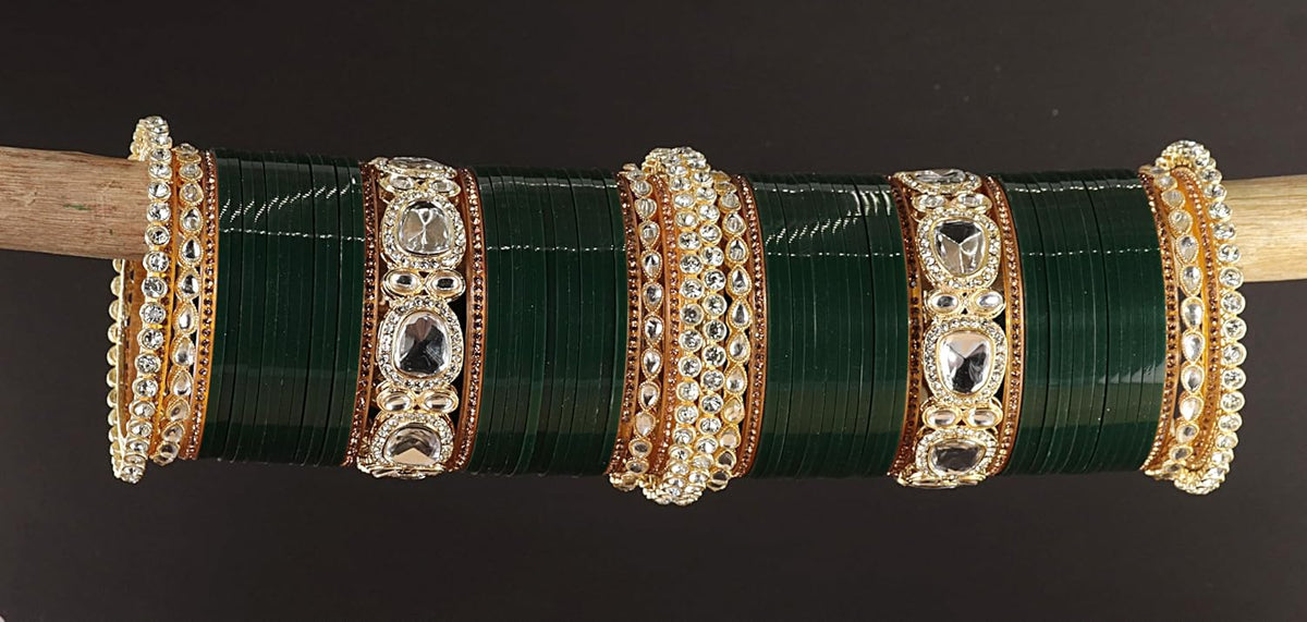 NMII Premium Metal Bangles Gold Chuda Set For Bridal Women & Girls With Zircon Diamond & Kundan | Designer Ad Chuda | Bridal Bangles Chooda Set For Wedding, Party, Occasion-Set Of 70