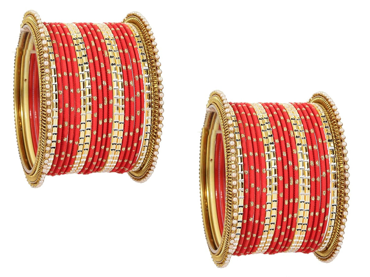 NMII Non-Precious Metal with Base Metal Zari Dotted and Pearls Studded Glossy Finished Traditional Bangle set for Women and Girls