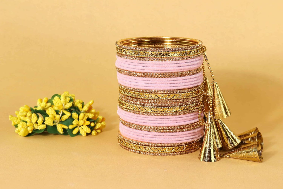 NMII Fancy Golden Latkan Metal Bangles Set For Women & Girls with Zircon Diamond & Velvet Finish | Stylish Women's Chuda Bangles | Girl's Bangles Bracelet For Wedding, Party, Occasion Wear-Set of 32