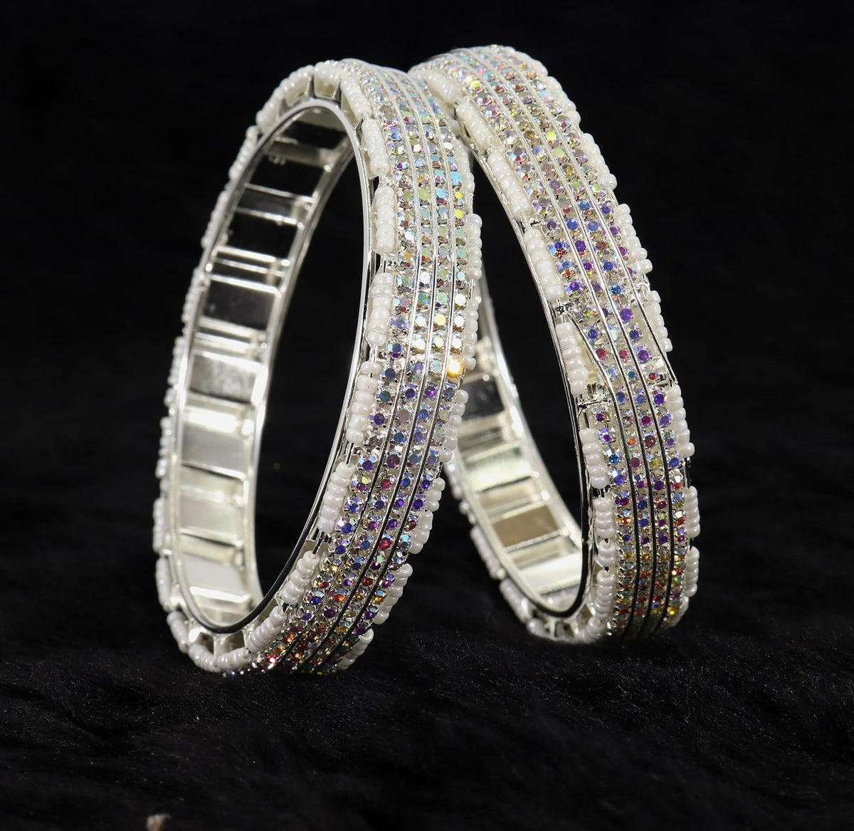 NMII Alloy Metal Traditional Pearls & American Diamond Stone Premium Bangles Set For Women and Girls | Stylish Party, Wedding, Festival, Occasion Fashion Jewellery-Set of 2