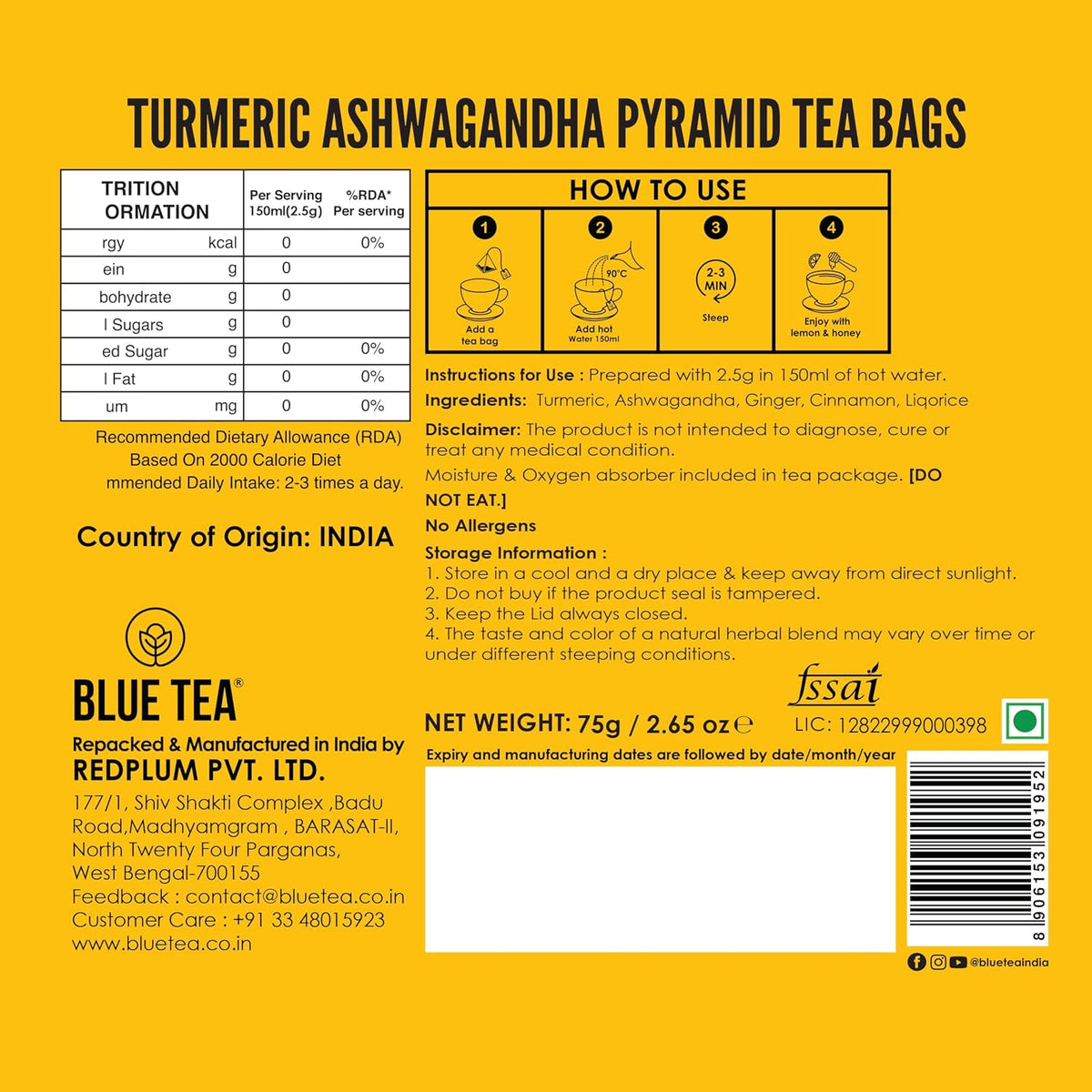 BLUE TEA - Turmeric Tea - Ashwagandha - 30 Tea Bags - Plant Based | CURCUMIN RICH - HERBAL BLEND | Herbal Tea - Caffeine Free | Gluten Free | Reusable Tin Pack