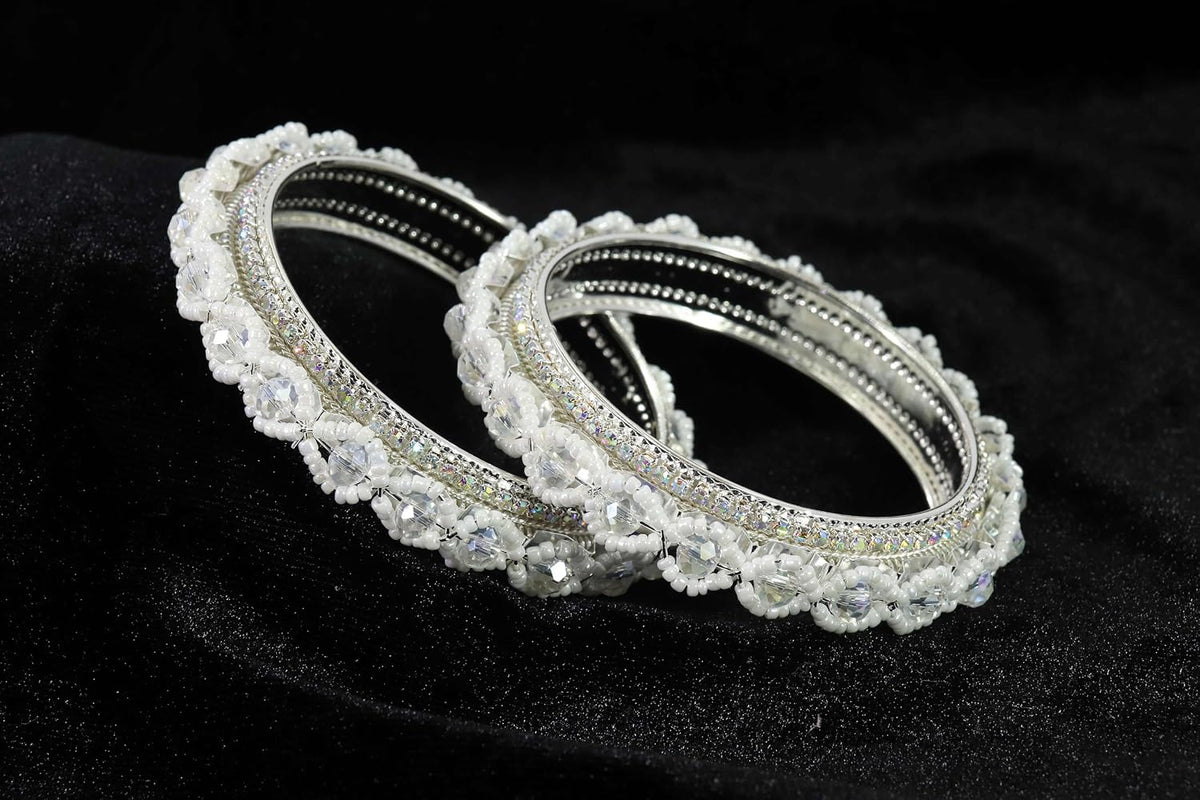 NMII Premium Alloy Metal Bangles For Women and Girls Studded American Diamond Stone & Pearls Moti | Women's Bangles Bracelet | Metal bangles | Stone Bangles Kada,(MAH67_851- Silver-2.6)