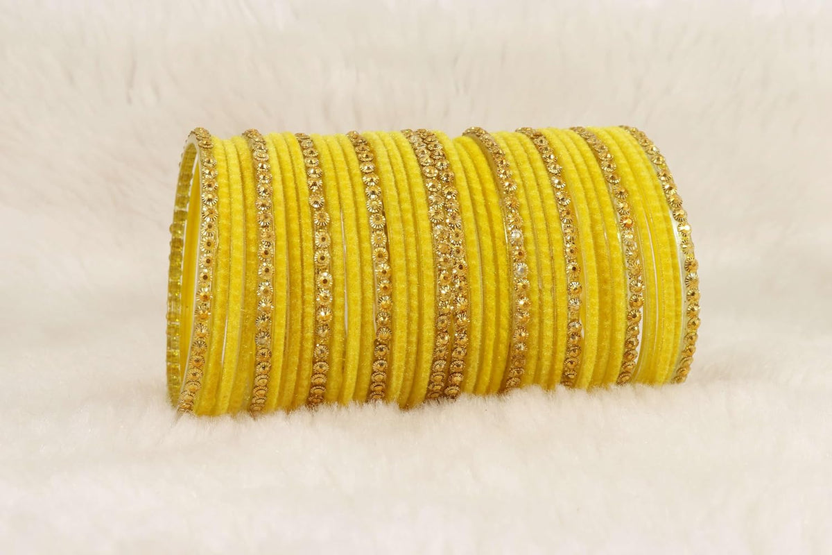NMII Premium Glass & Golden Beads Velvet Bangle Set For Women and Girls | Velvet Chudi | Traditional Chudi Set | Designer Girl's Bangles Bracelet | Wedding, Party, Festive, Daily- Set of 34