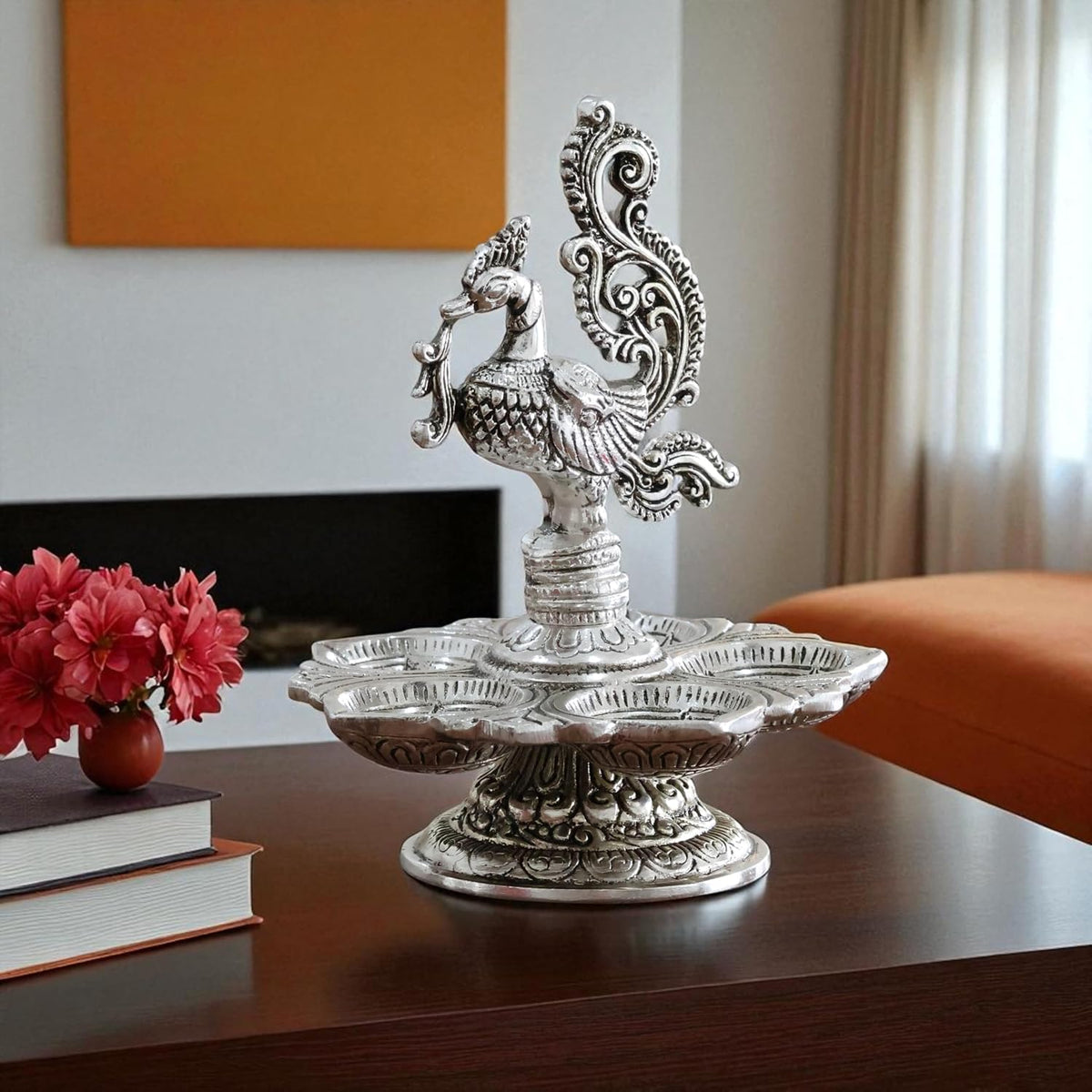 KridayKraft Traditional Silver-Plated Peacock Pooja Thali, 5-Compartment Diya Stand with Ornate Design