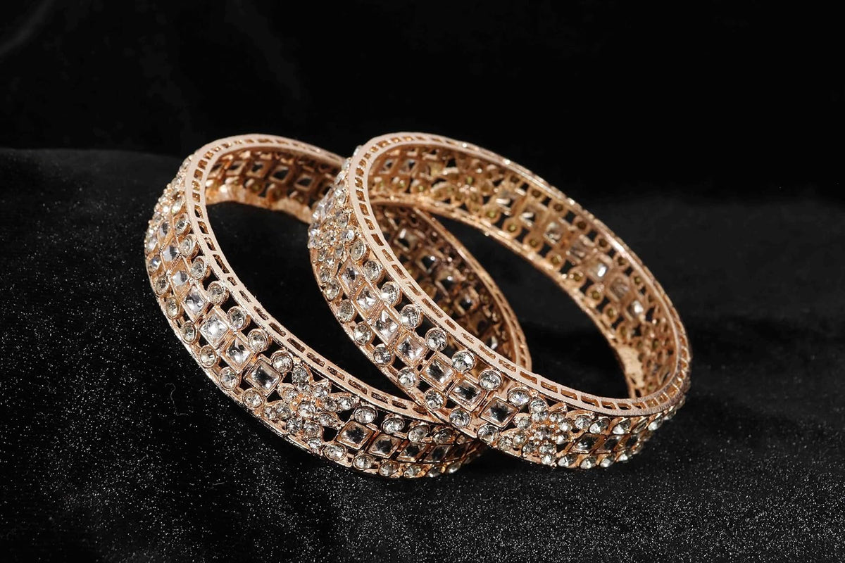 NMII Gold Plated Metal Kada Bangles Set For Women & Girls with American Diamond Stone | Stone Work Stylish Bangles Set | Traditional Bangles For Wedding, Party, Ocassion Fashion Jewellery- Set of 2