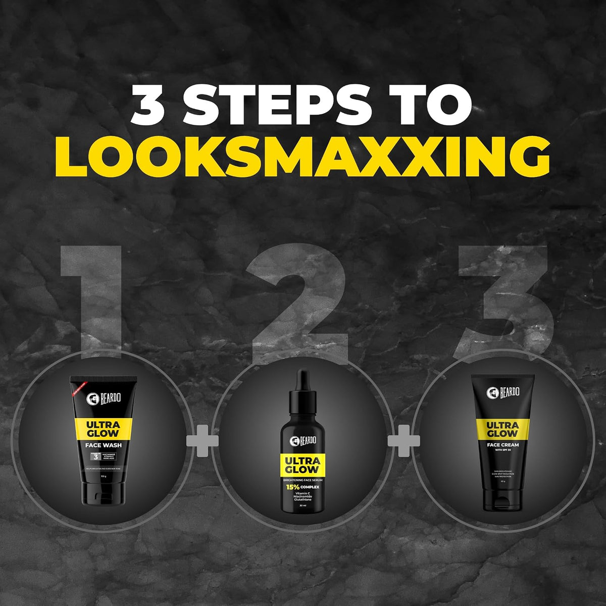 Beardo Looksmaxxing Glow Kit for Men |Ultra GLow Face Wash, Serum & Face Cream| Kojic Acid, Vitamin C, Glutathione, Hyaluronic Acid & Niacinamide | Kit for Glow Up in Men