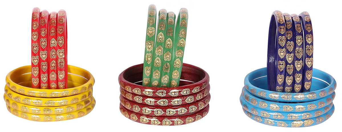 NMII Glass Beautiful Design With Gold Printed Heart Pattern and Gloosy Finished Kada Set For Women and Girls, (MultiColour_2.8 Inches), Pack Of 24 Kada Set