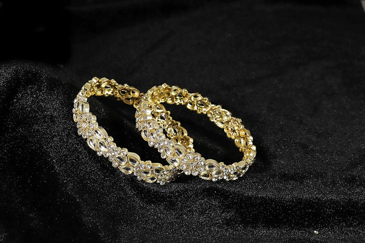 NMII Gold Plated Metal Kundan Stone & American Diamond Bangles For Women & Girls | Traditional Kada For Women | Fancy Rajwada Bangles | Bangles For Wedding, Party, Occasion- Set of 2