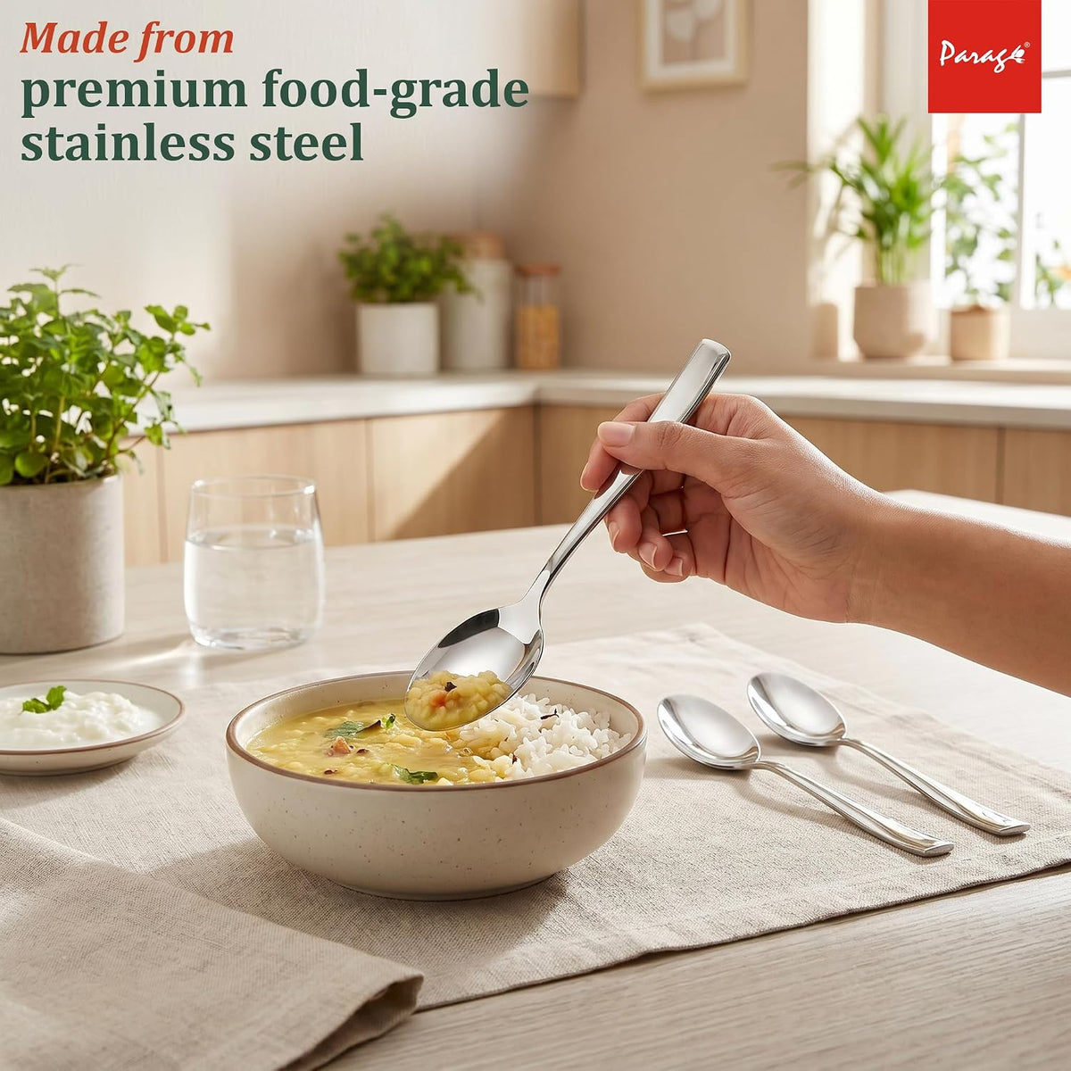 Parage Stainless Steel Spoons Set of 12, Dinner Spoon Length 16cm, Food Grade Silverware for Home & Kitchen- Mirror Polished, 12 Silver Spoons
