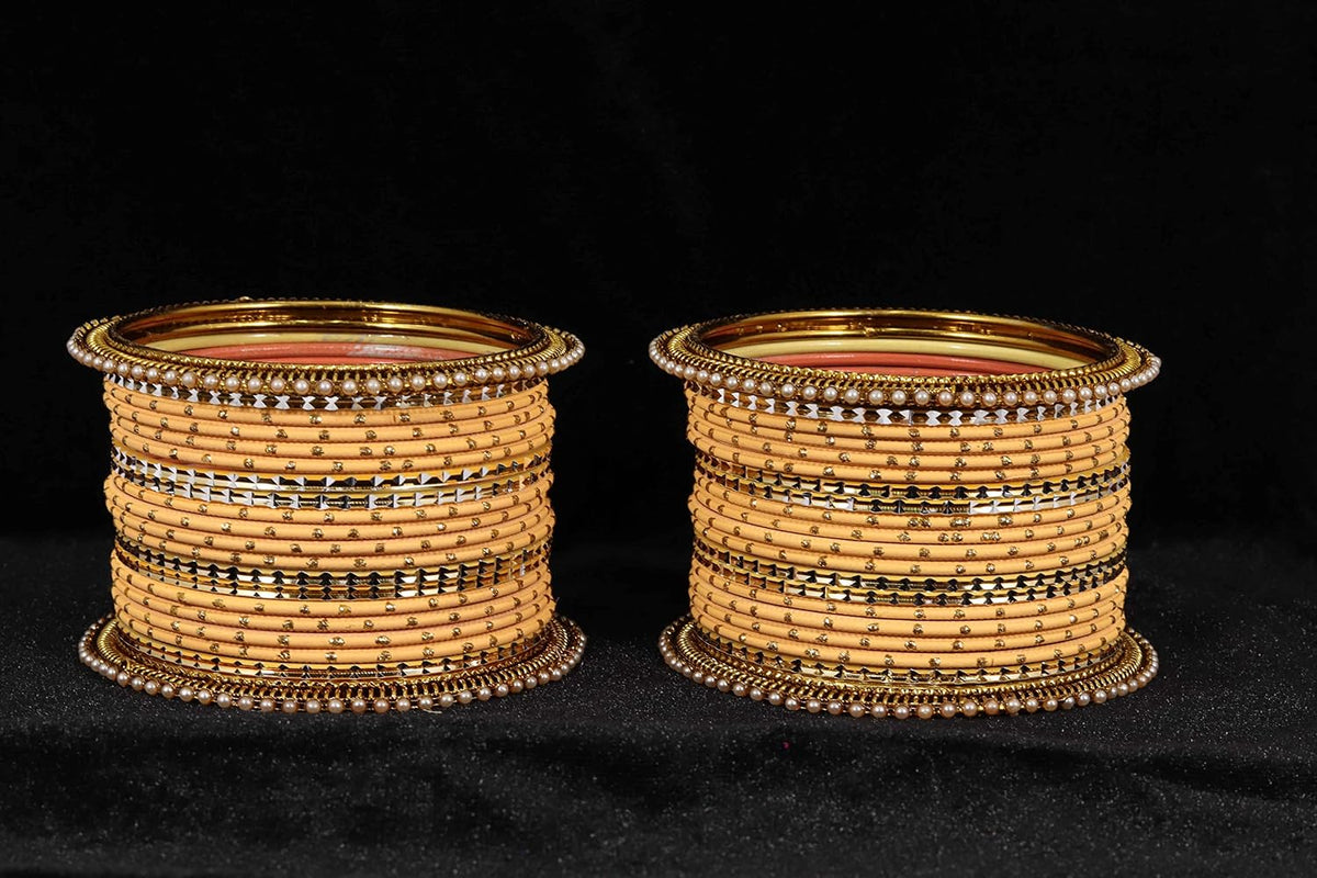 NMII Non-Precious Metal with Base Metal Zari Dotted and Pearls Studded Glossy Finished Traditional Bangle set for Women and Girls