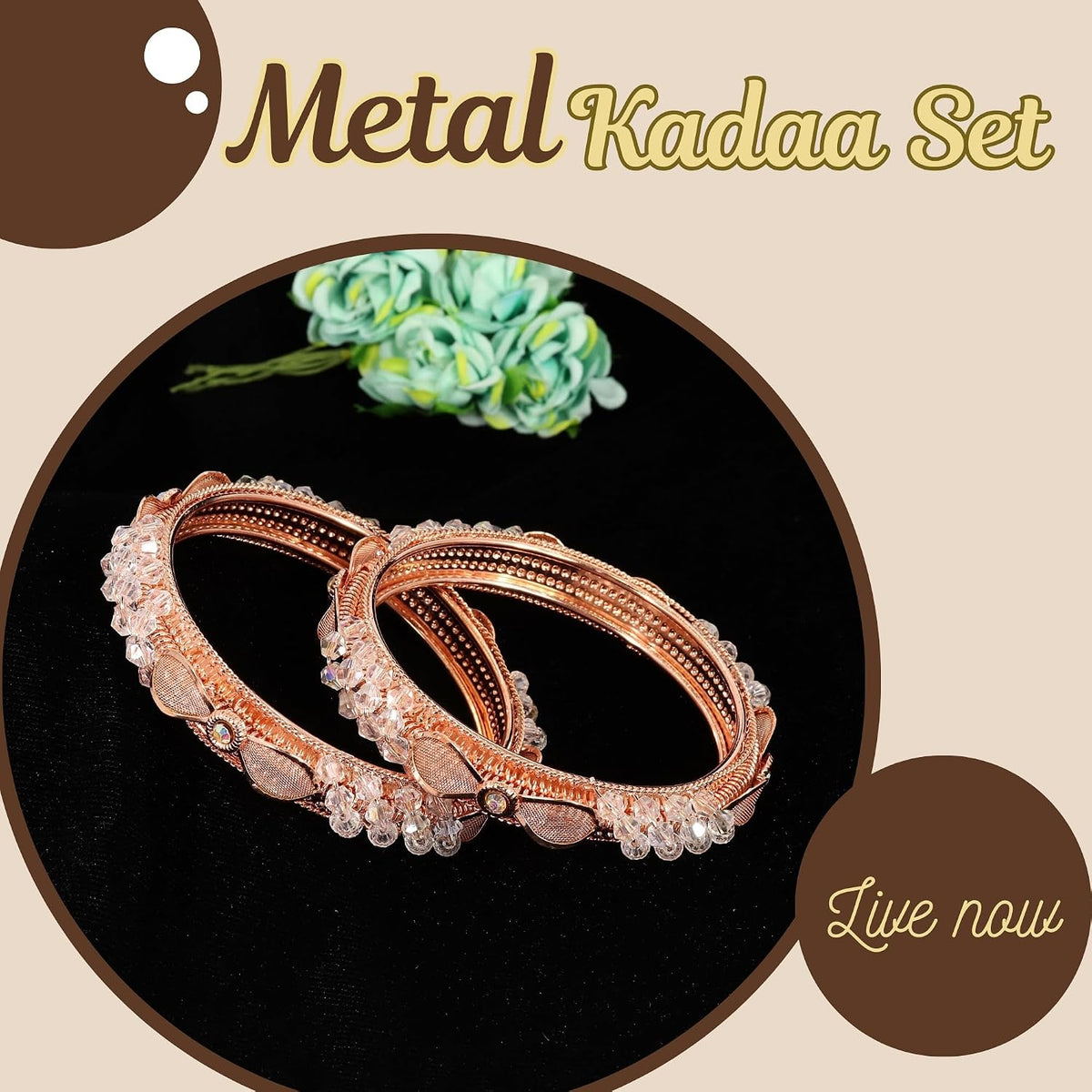 NMII Rose Gold Plated Metal with Stylish Pearls & Zircon Diamond Bangles Kada Set For Women & Girls | Kada For Women Fancy | Elegant Bangles For Wedding, Party, Occasion, Festive- Set of 2