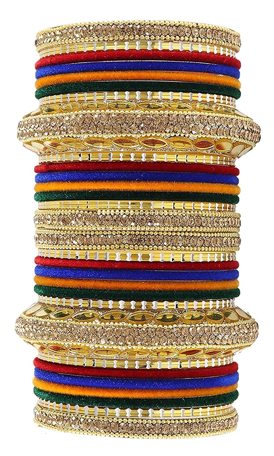NMII Gold Plated Metal Bangles Velvet Bridal Chuda Set For Women and Girls with Premium Golden Zircon Stones & Beads Worked | Traditional Chuda Set For Women | Women's Bangles Wedding- Set of 30