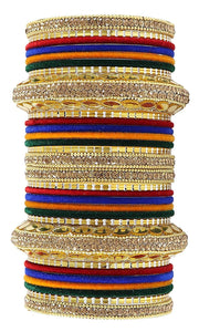 NMII Gold Plated Metal Bangles Velvet Bridal Chuda Set For Women and Girls with Premium Golden Zircon Stones & Beads Worked | Traditional Chuda Set For Women | Women's Bangles Wedding- Set of 30
