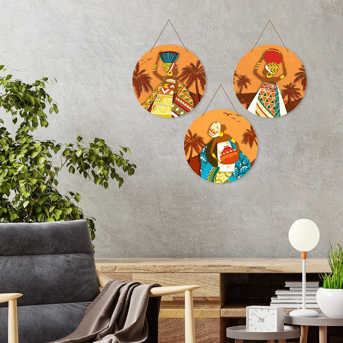 Artvibes African Village Themed Warli Art Round Wooden Wall Hanger for Home Decor | Living Room | Handcrafted Art | Wall Illustrations | Art Prints | Aesthetic Wall Art | Gifts (WH_4201N), Set of 3