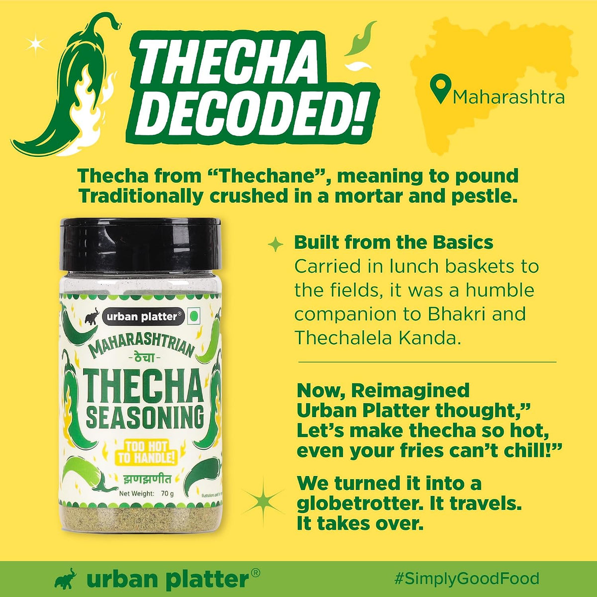 Urban Platter Thecha Seasoning, 70g (Authentic Maharashtrian Condiment | Bold Chilli, Garlic & Peanut Blend | Perfect for Fries, Pasta & Rice)