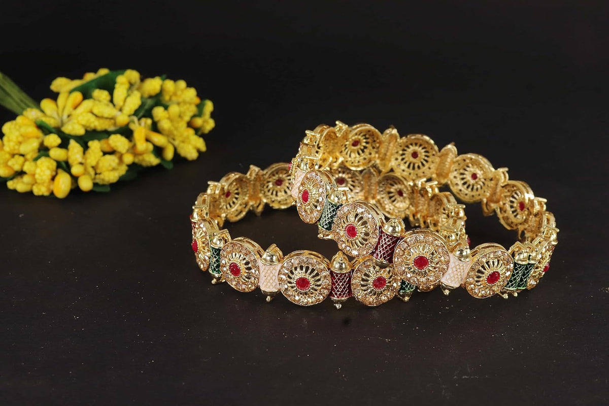 NMII Royal Golden Metal Bangles Set For Women & Girls with Zircon Diamond Stone | Traditional Gold Plated Kangan Set | Fancy Women's Fashion Jewellery Bangles | Wedding, Party, Festive- Set of 2
