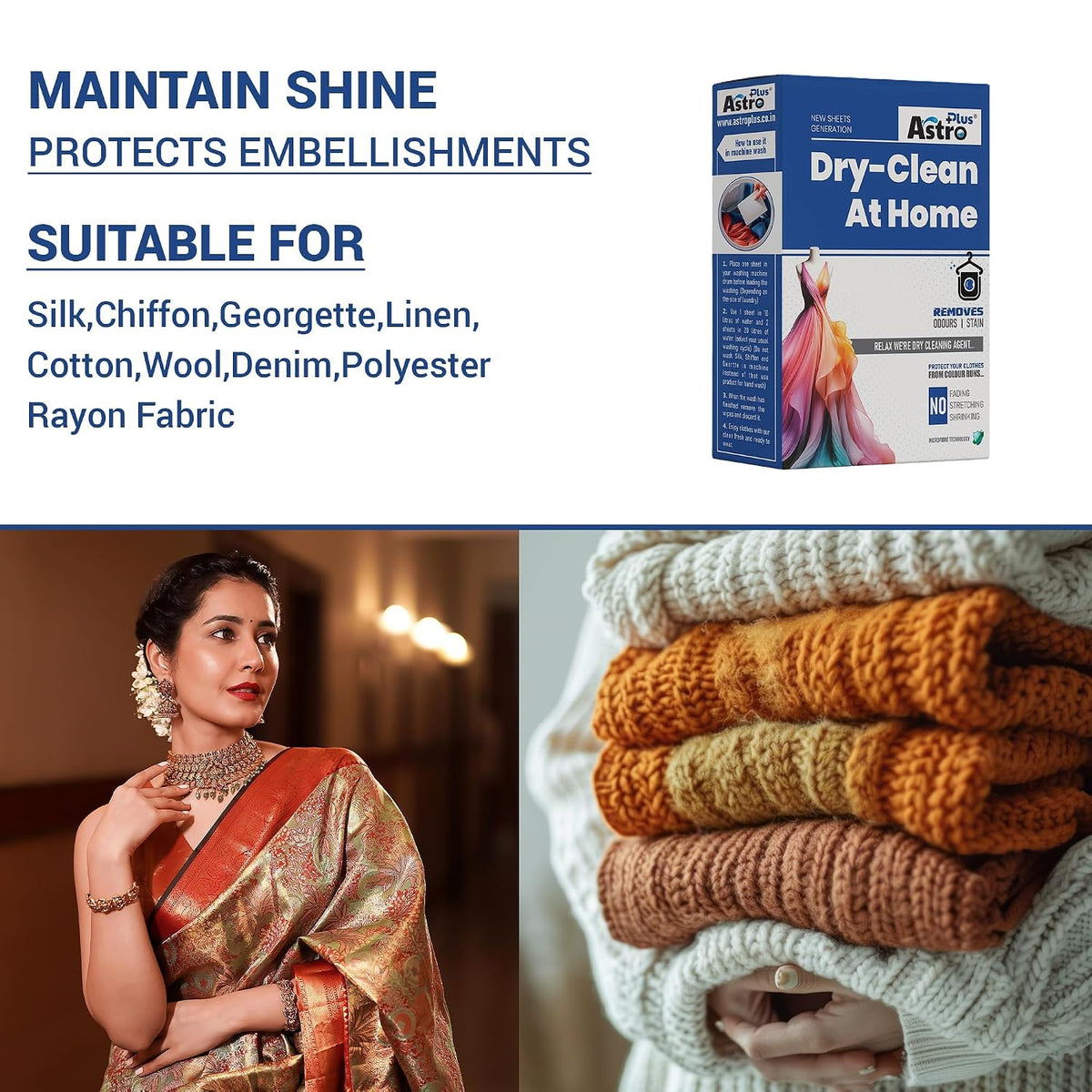 ASTRO PLUS+ Cloths Dry Clean at Home Liquid Sheets | Advance Cleaning Technology Silk Chiffon Cotton Georgette Linen and Woolen (20 Sheets) (500ml) & Stain Remover (500ml)