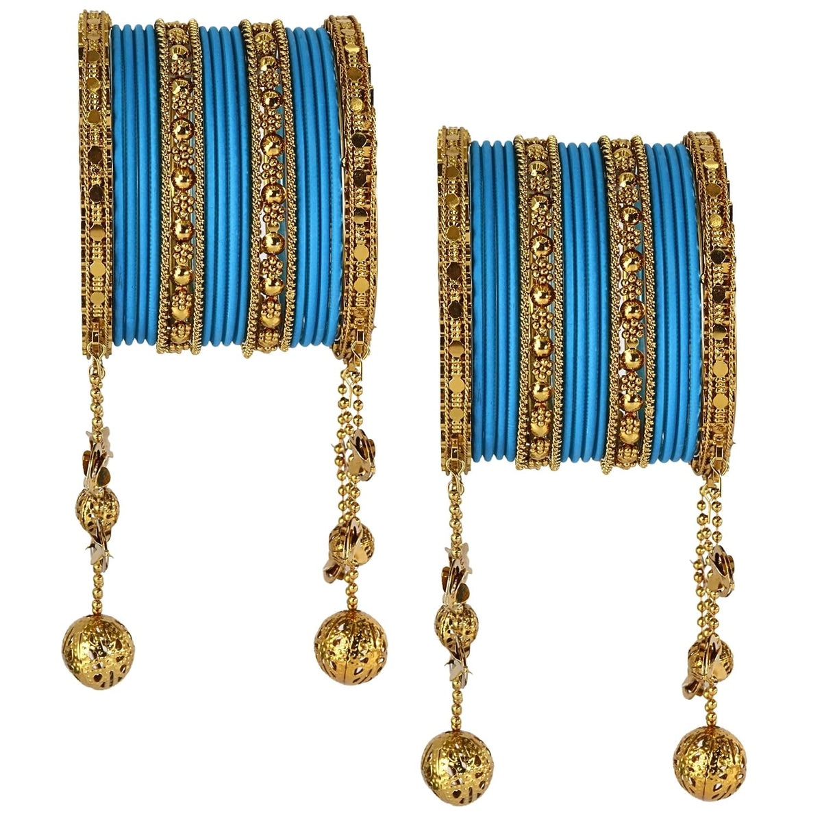 NMII Designer Bridal Chuda Set With Latkan | Gold Plated Traditional Metal Bangles with Decorative Latkan | Wedding, Karwa Chauth, Teej, Mehendi, Haldi Chuda (Pack Of 40)