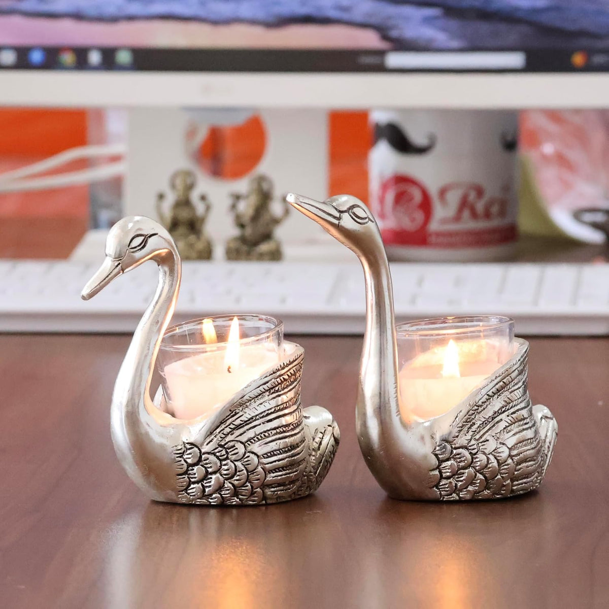 KridayKraft Aluminium Pair of Swans for Good Luck and Love | Candle Holder for Home Decor Tabletop | Showpiece for Gifting Anniversary Valentine's Day (Votive Candle Holders)