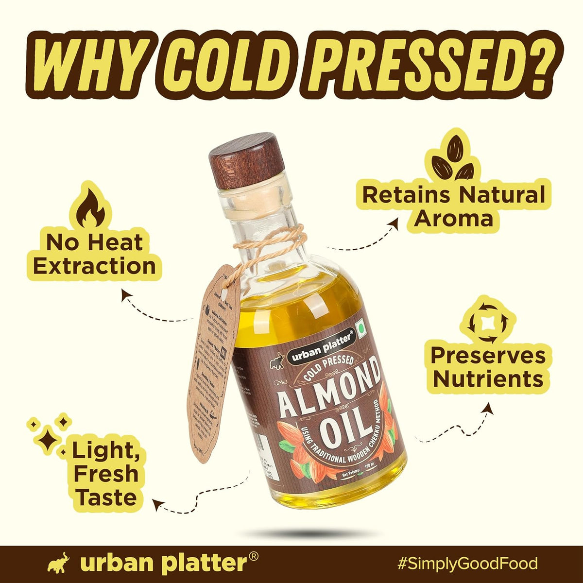 Urban Platter Cold Pressed Almond Oil, 100ml (Light Nutty Finishing Oil for Salads, Drizzling, Gourmet Baking & Natural Hair/Skin Nourishment)