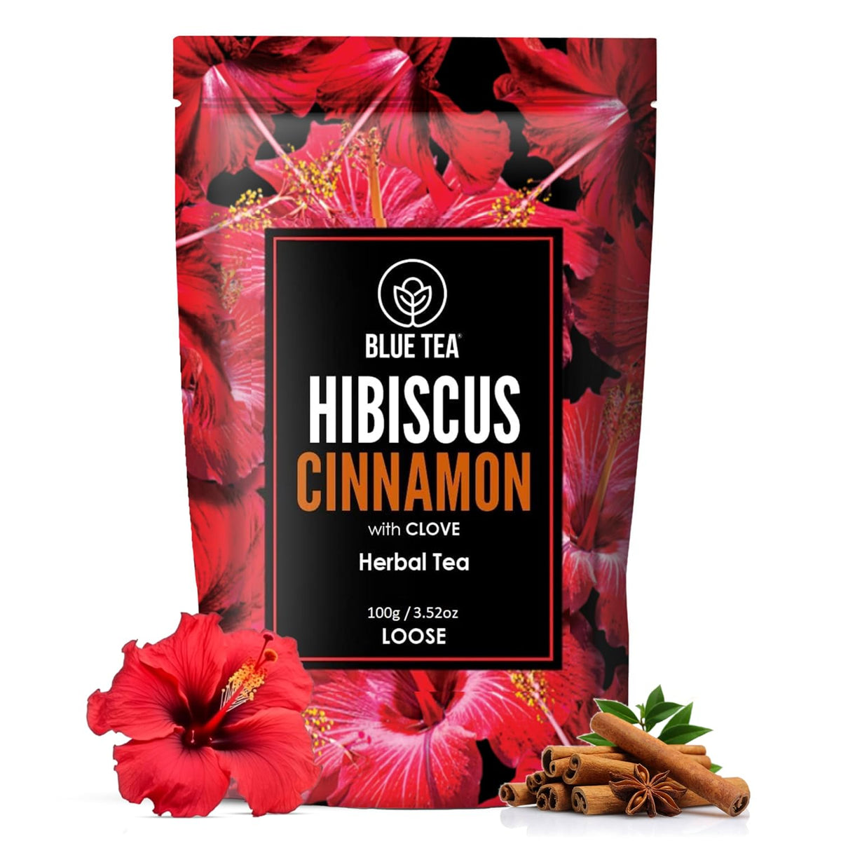 BLUE TEA - Hibiscus Cinnamon and Clove Tea - 100gm (100 Cups) | SKIN GLOW ENHANCING TEA | Vitamin-C Rich | Tangy Taste - Flower Based - Herbal Tea - Caffeine Free | Zipper Pack