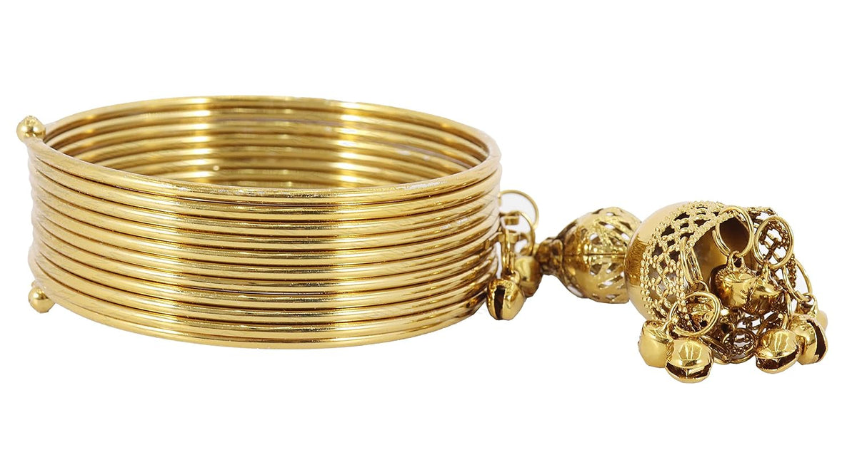 NMII Non-Precious Metal Base Metal with Plain and Golden Polished Glossy Finished Bracelet Bells Latkan Kada Set For Women and Girls