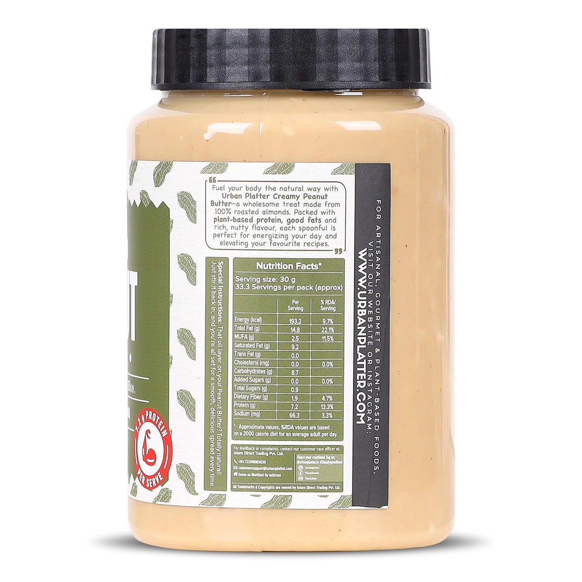 Urban Platter Creamy Peanut Butter, 1Kg (Classic Smooth | Single Ingredient | Keto-Friendly)