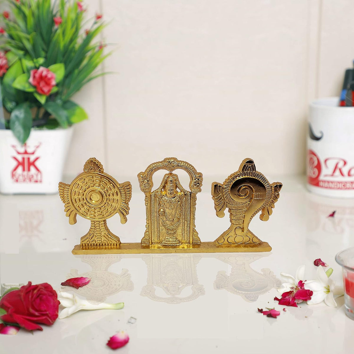 KridayKraft Tirupati Balaji Symbol Stand Shankh Chakra with Balaji Statue Gold Plating Antique Decorative for Car Dashboard Home & Office Table Showpiece Figurines,Religious Gift Idol, 5 x 1 Cm