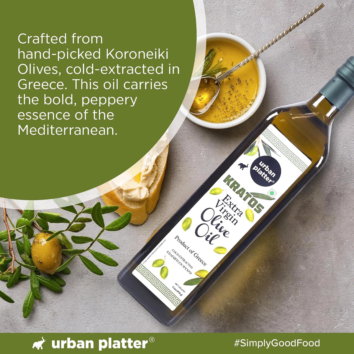 Urban Platter Kratos Cold Pressed Extra Virgin Olive Oil, 1L (Made in Greece, Single Variety Koroneiki Olives, Rich in Anti-oxidants)