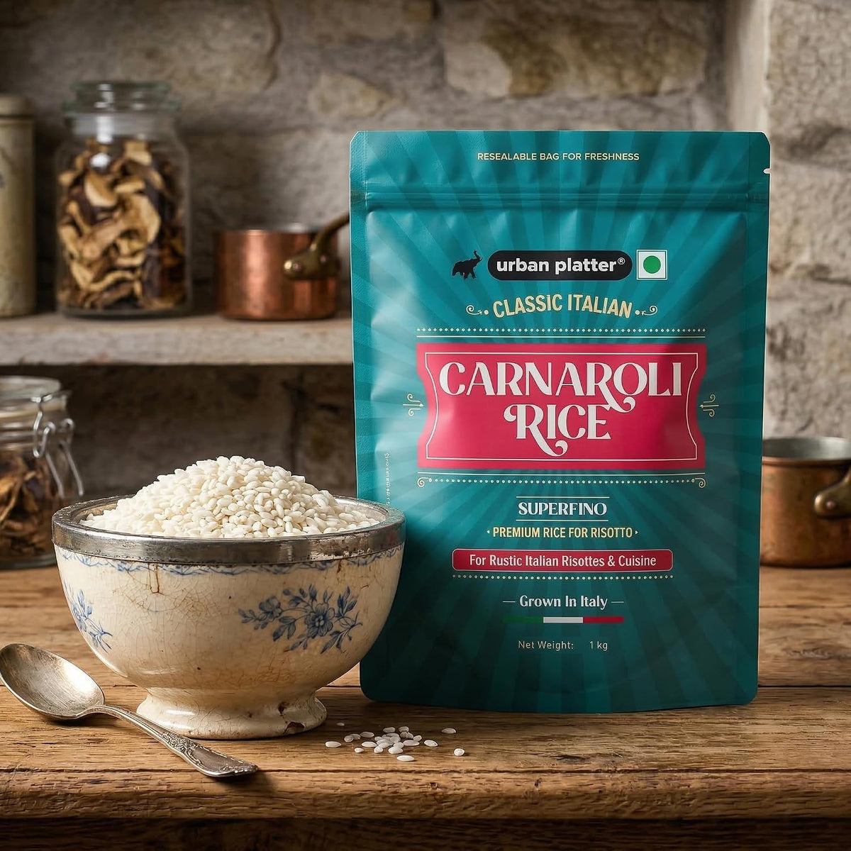 Urban Platter Carnaroli Rice, 1Kg (Product of Italy, Italian Carnaroli Rice for Risottos, Arancini, and Rustic preparations, Vacuum Packed for Freshness and Quality)