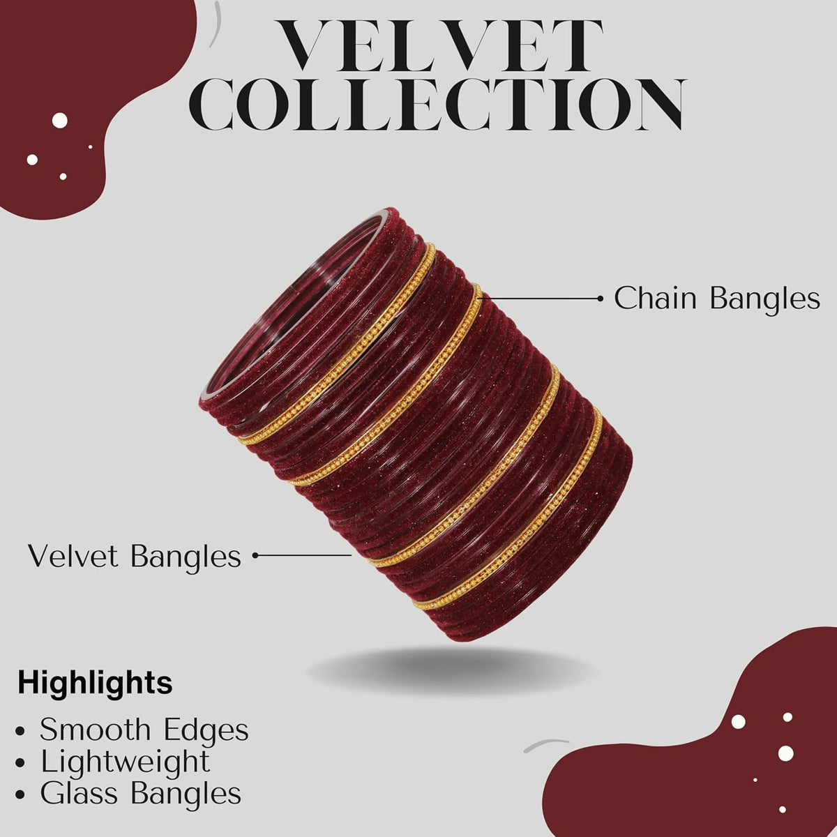NMII Glass Bangles For Women and Girls with Velvet and Golden Ballchain Linked | Plain Glass Bangles | Velvet Chudi Set | Bangles For Women Latest | Stylish Glass Chudi Bangles- Set of 28