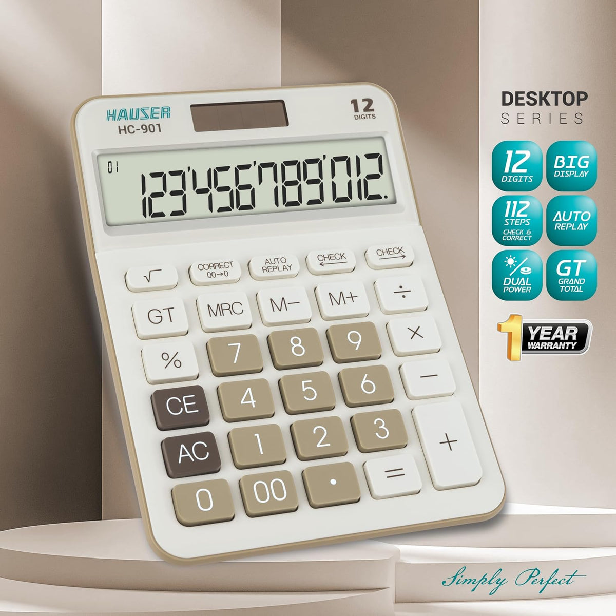 Hauser HC-901 Professional 12-Digit Calculator with Check/Correct & Dual Power