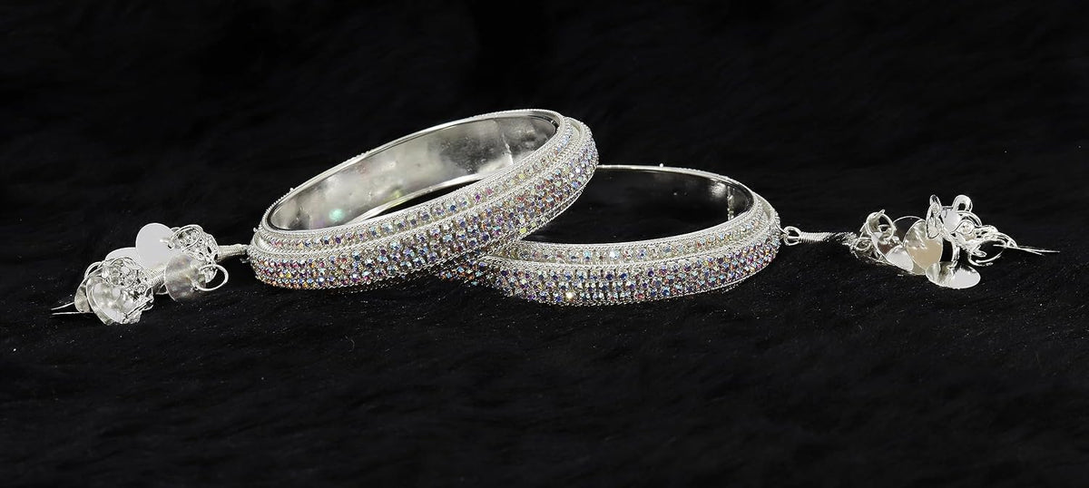 NMII Metal & Gold White American Diamond Stone Latkan Bangles Set For Girls and Women | Bangles with Latkan | AD Bangles | Stylish Bangles For Wedding, Party, Occasion Fashion Jewellery- Set of 2