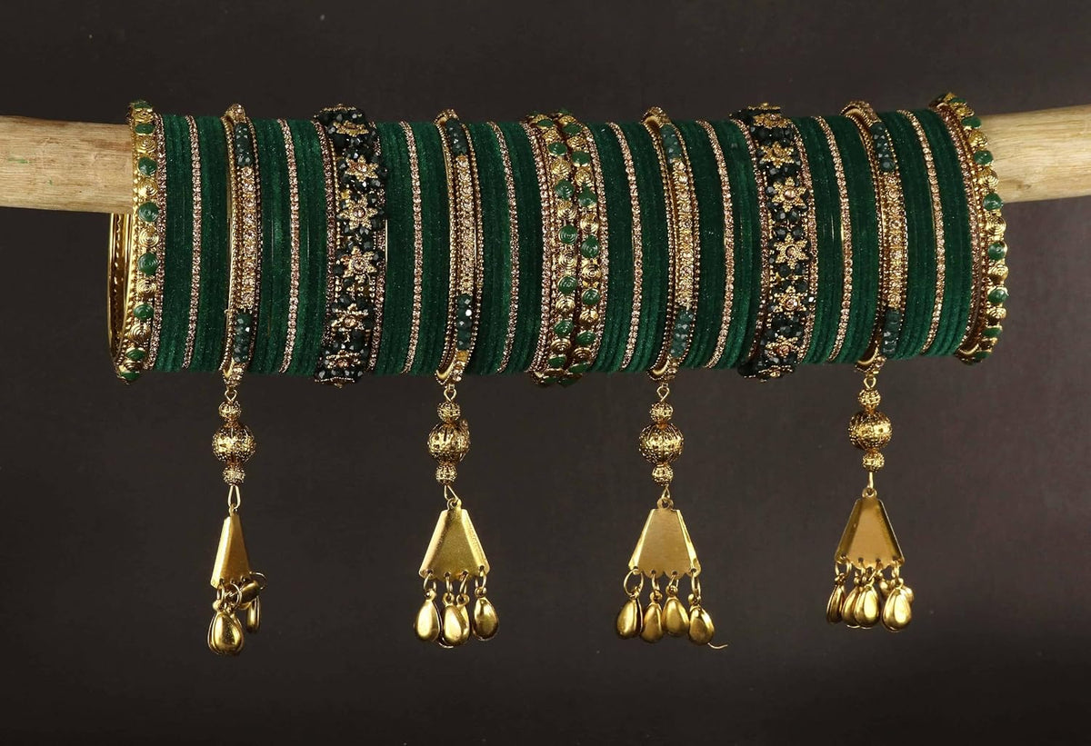 NMII Premium Bridal Velvet Chuda Set Beads & Zircon Stones Studded With Latkan Work For Women & Girls | Punjabi Wedding Chooda Bangles | Ethnic Festival Jewelry | Chuda's Gift - Set Of 82
