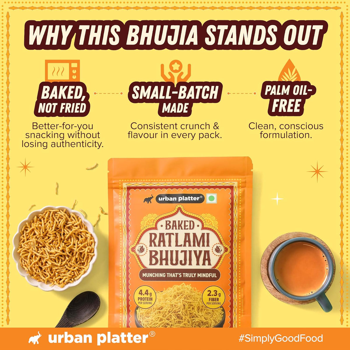 Urban Platter Baked Bhujia/Bhujiya Ratlami, 200g (Baked Not Fried, Better-For-You Indian Snack, 4.4g Protein & 2.3g Fibre)