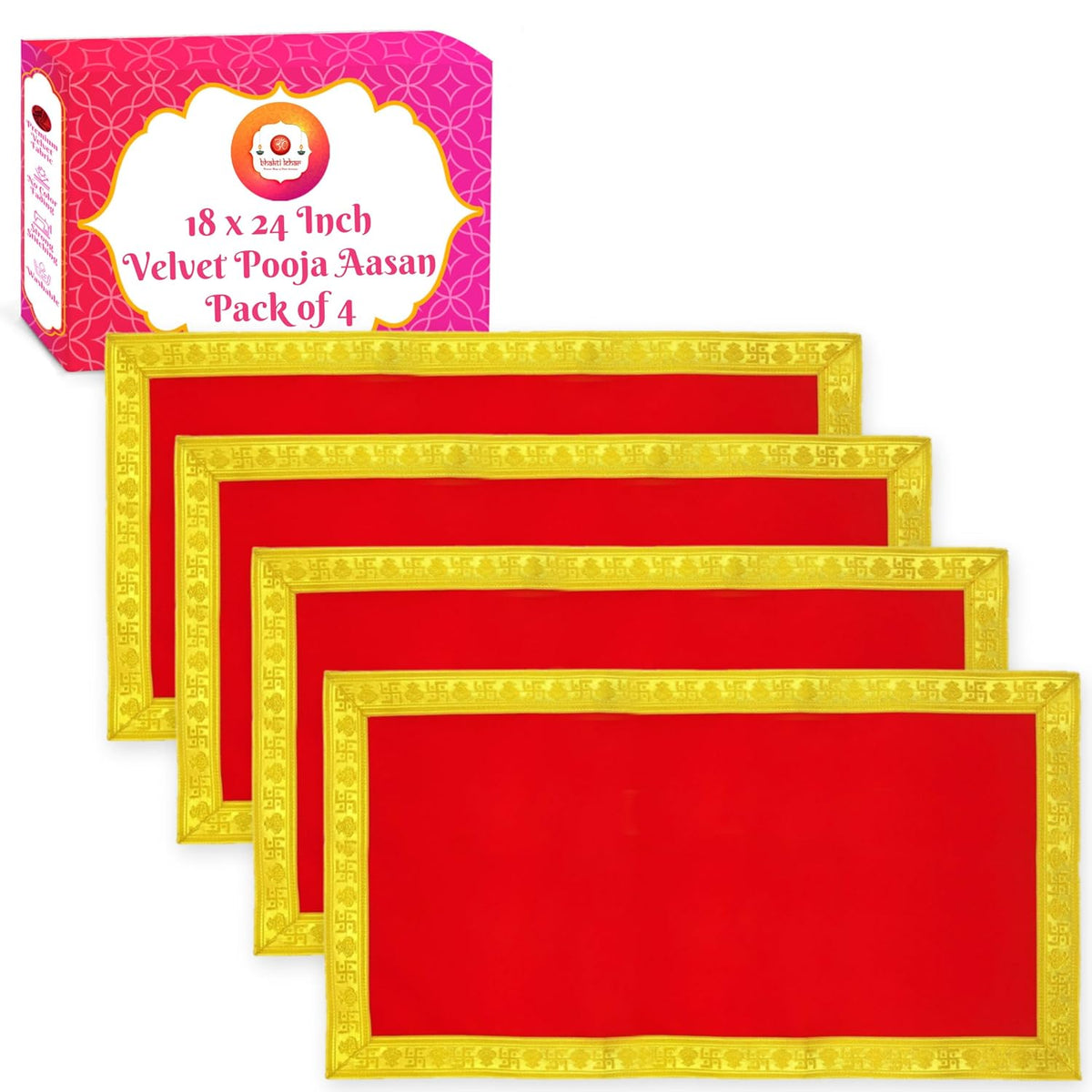 Bhakti Lehar Red Velvet Pooja Cloth | Aasan for God Idol Sitting, Mandir Shelf, Puja Chowki Table and Home Temple Decoration - Pack of 4 (18 x 24 Inch)