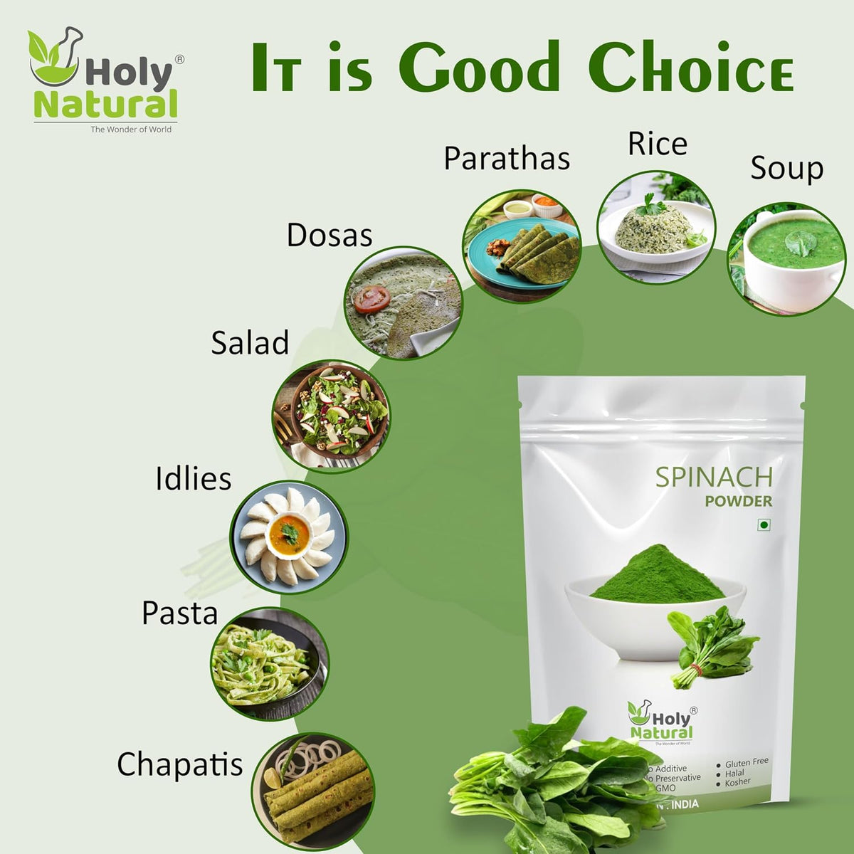 Holy Natural Spinach Powder 100g | Nutrient-Rich Palak Leaf Powder | for Smoothies, Soups, Salad Dressings & Healthy Recipes | No Additives or Preservatives