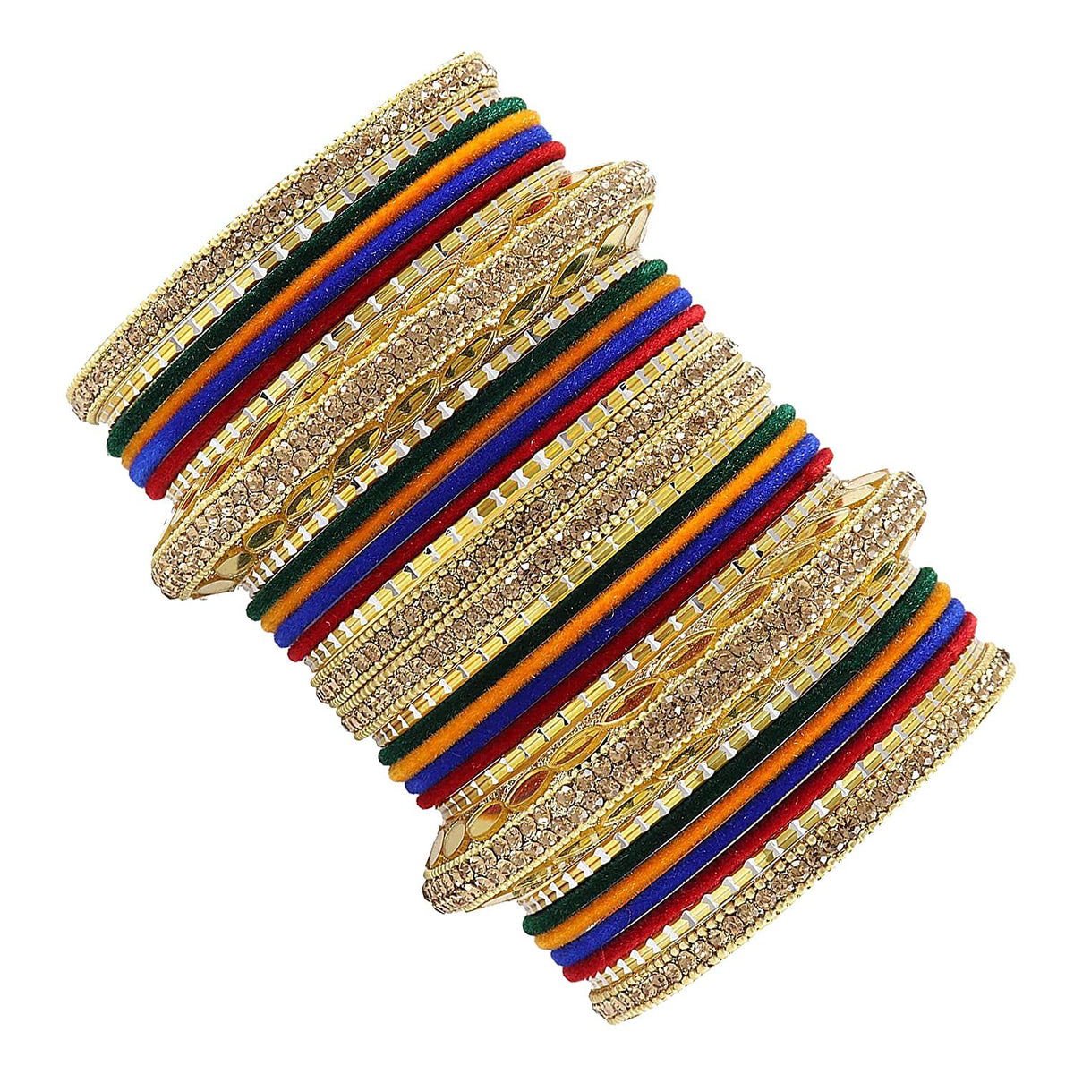 NMII Gold Plated Metal Bangles Velvet Bridal Chuda Set For Women and Girls with Premium Golden Zircon Stones & Beads Worked | Traditional Chuda Set For Women | Women's Bangles Wedding- Set of 30