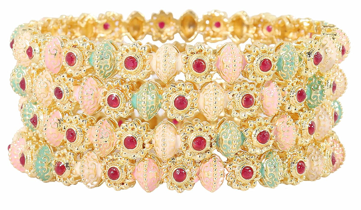 NMII Traditional Gold Plated Metal with Red Zircon GemStone Bangles Set For Girls & Women | Premium Rajwadi Kangan Set | Girl's Bangles Bracelet | Stylish Kada For Women