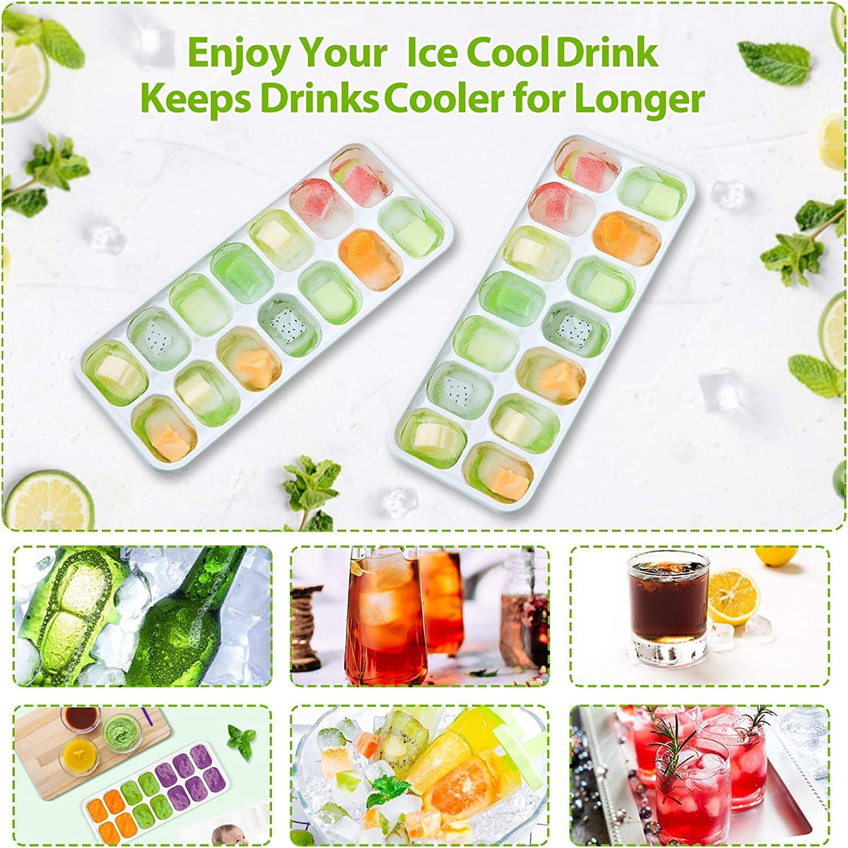 E-COSMOS® Ice Cube Trays, Easy-Release Silicone & Flexible 14-Ice Cube Trays with Spill-Resistant Removable Lid and BPA Free, for Cocktail, Freezer, Stackable Ice Trays (Pack of 1) (Green)