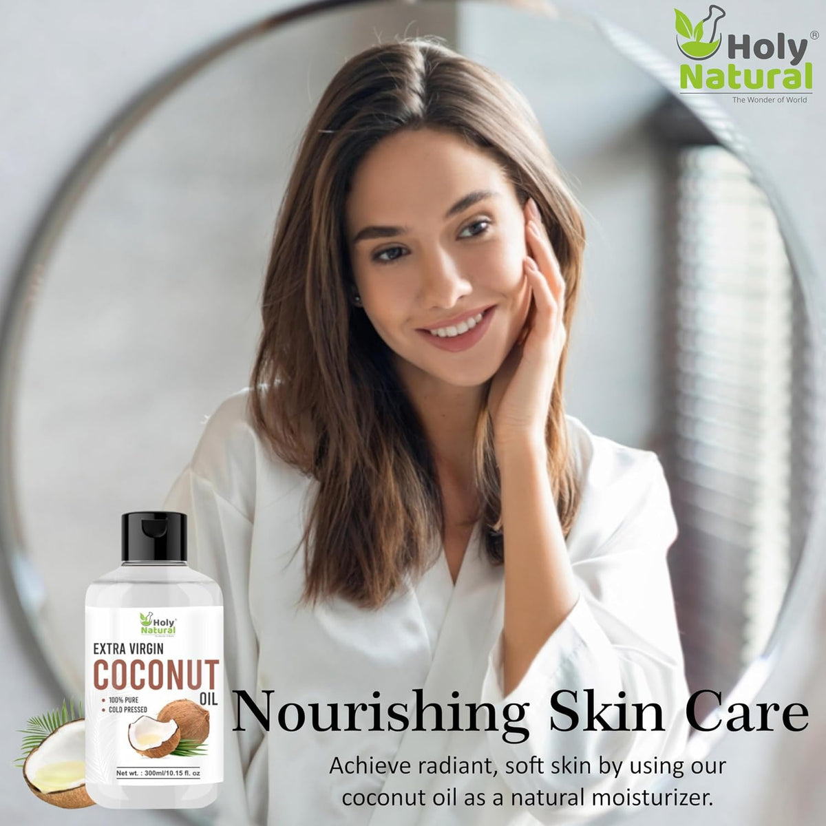 Holy Natural Extra Virgin Coconut Oil | 100% Pure & Cold Pressed | Natural & Organic | Eadible Oil also for Hair & Skin | 300ml