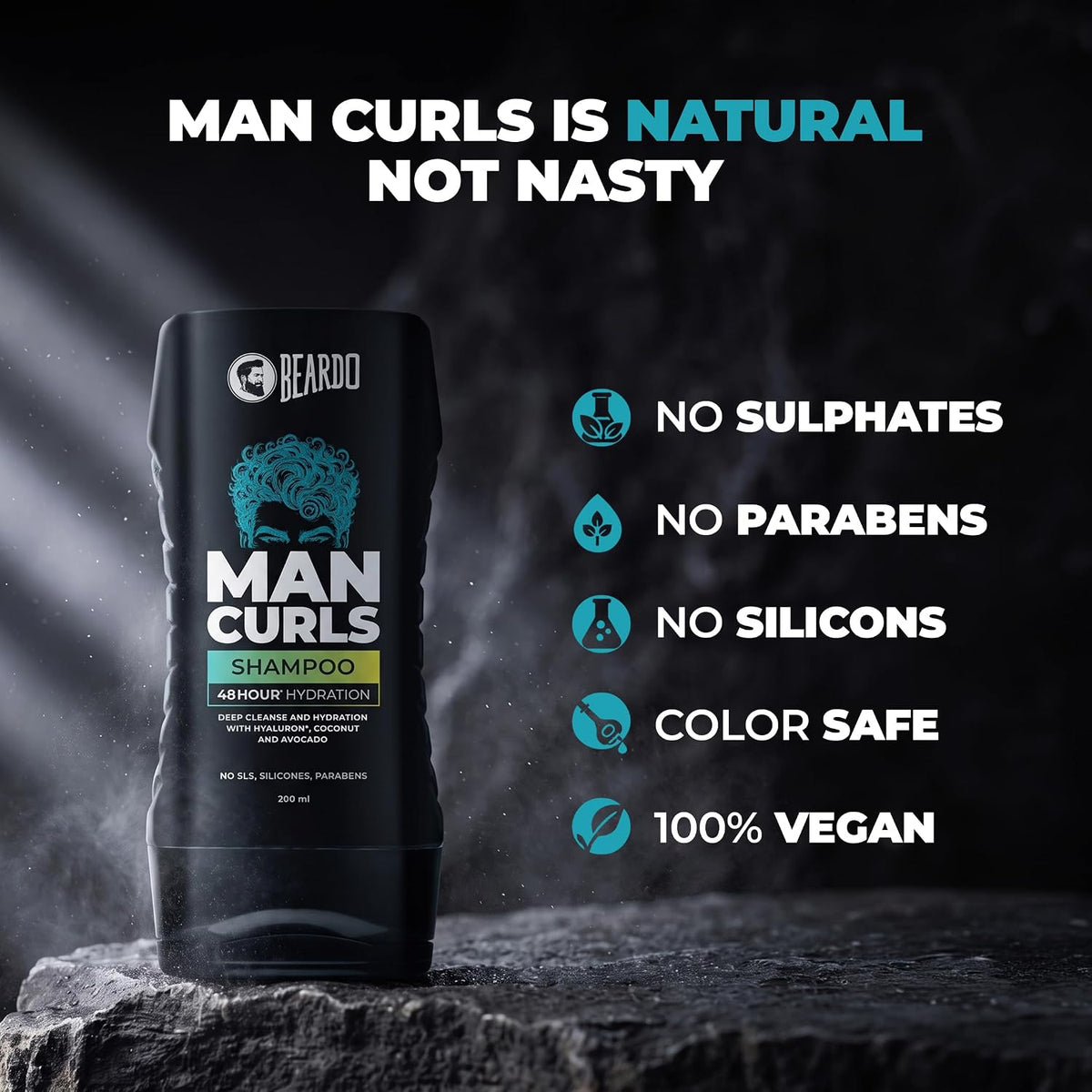 Beardo Man Curls Shampoo for Frizzy, Dry, Wavy & Curly Hair | Moisturizing Gentle Cleanser | Infused with Hyaluron, Avocado & Coconut | Sulphate, Silicone & Parabens Free | 200ml
