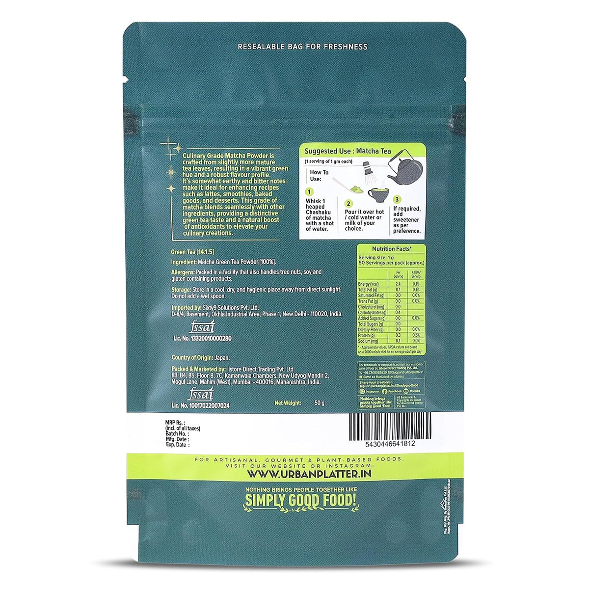 Urban Platter Japanese Culinary-Grade Matcha Green Tea Powder, 50g (Sourced from Shizuoka, Japan | Stone-Ground | Antioxidant-Rich)